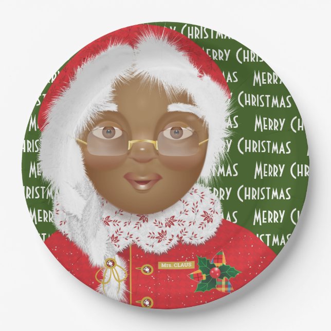 African American Mrs Claus Christmas Holiday Paper Plate (Front)