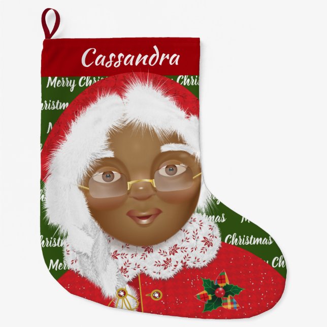 African American Mrs Claus Girl Christmas Holiday Large Christmas Stocking (Front)