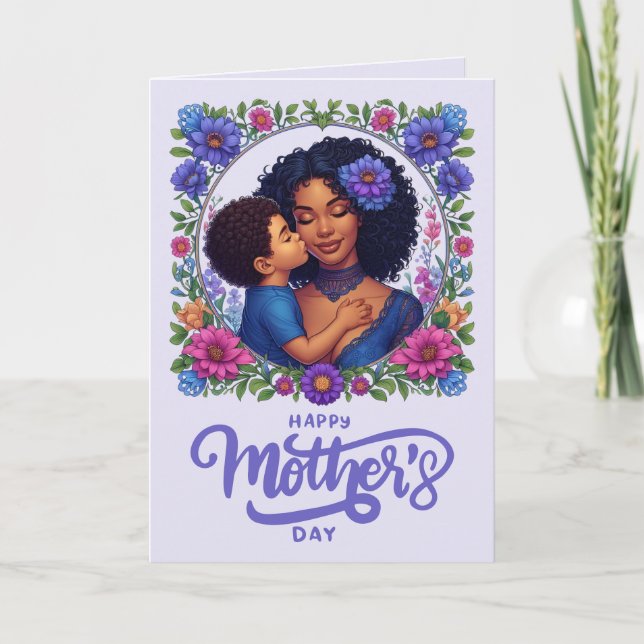 African American Mum & Son Happy Mother's Day Card (Front)