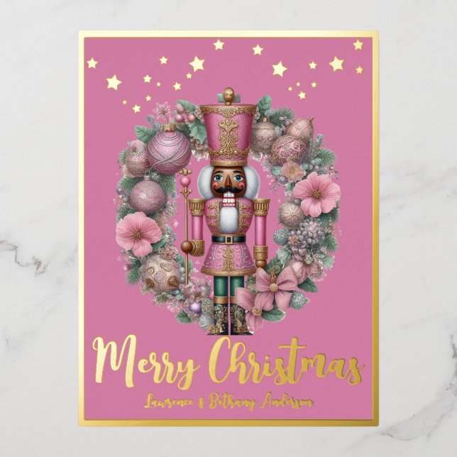 African American Nutcracker Pink Pastel Wreath Foil Holiday Postcard (Front)