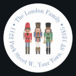 African American Nutcracker Return Address Classic Round Sticker<br><div class="desc">This flexible sticker design features 3  African American Nutcracker Soldiers in red green and blue uniforms with circular text border. Shown here for a return address label but all of the text fields are flexible to your needs eg could be a thank you favour sticker.</div>