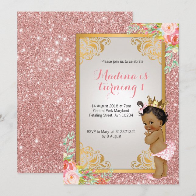 African American Pink 1st birthday invitations (Front/Back)