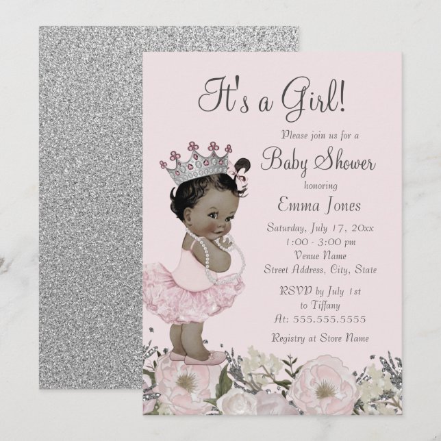 African American Pink Floral Princess Baby Shower Invitation (Front/Back)