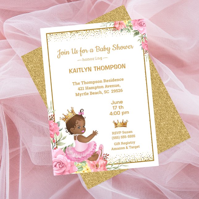  African American Pink Gold Princess Baby Shower Invitation (Creator Uploaded)