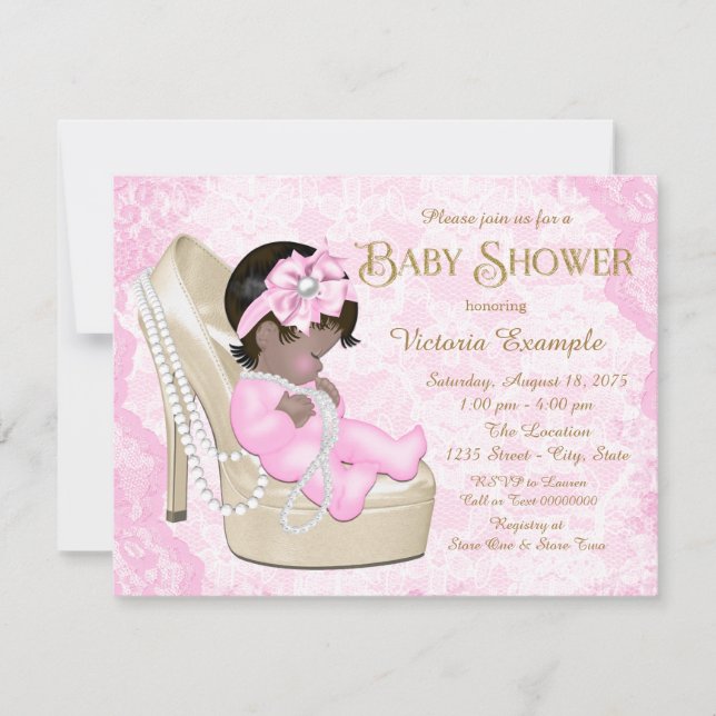 African American Pink Pearl Lace Shoe Baby Shower Invitation (Front)