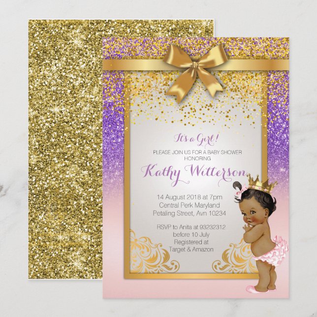 African American Pink Purple Gold Baby Shower Card (Front/Back)
