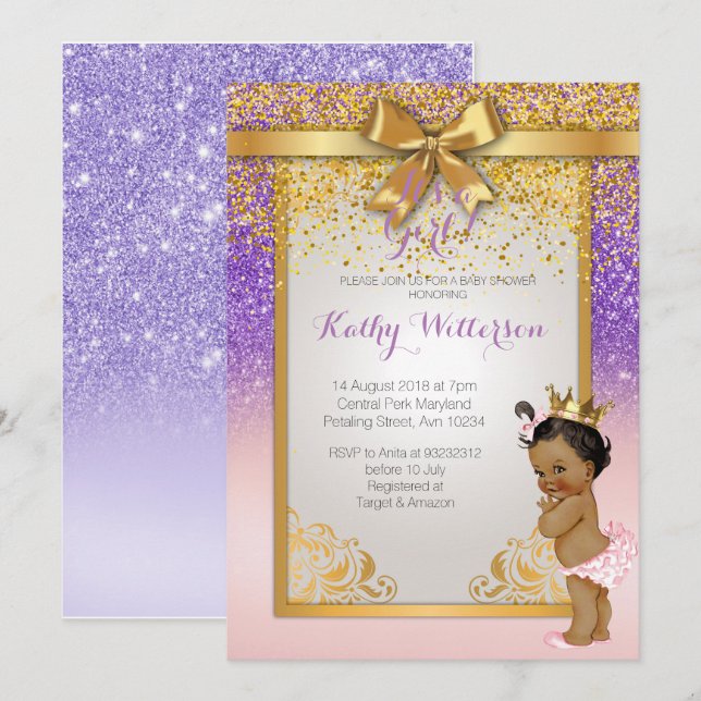 African American Pink Purple Gold Baby Shower Card (Front/Back)