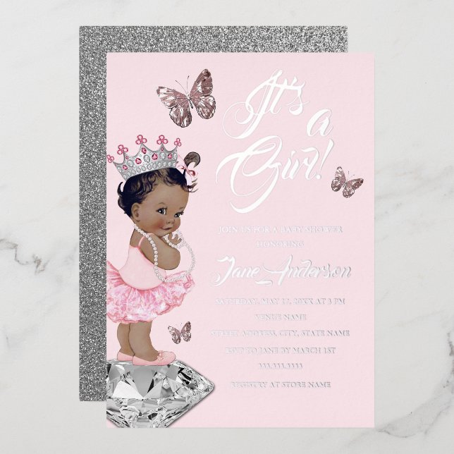 African American Pink Silver Princess Baby Shower  (Front/Back)