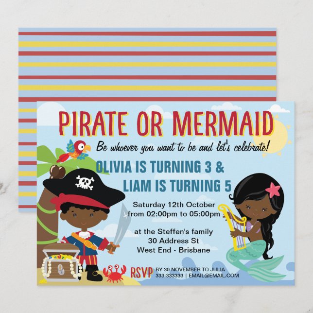 African American Pirate and Mermaid Invitation (Front/Back)