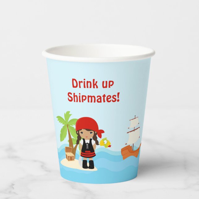 African American Pirate Girl in Red Party Paper Cups (Front)