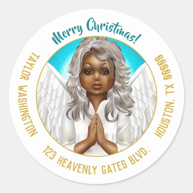 African American Praying Angel Classic Round Sticker (Front)