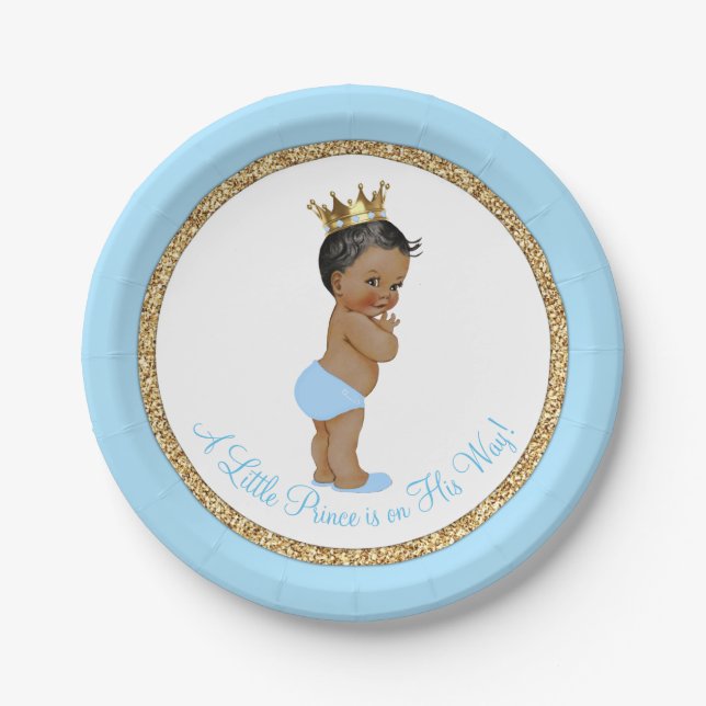 African American Prince Baby Blue Gold Baby Shower Paper Plate (Front)