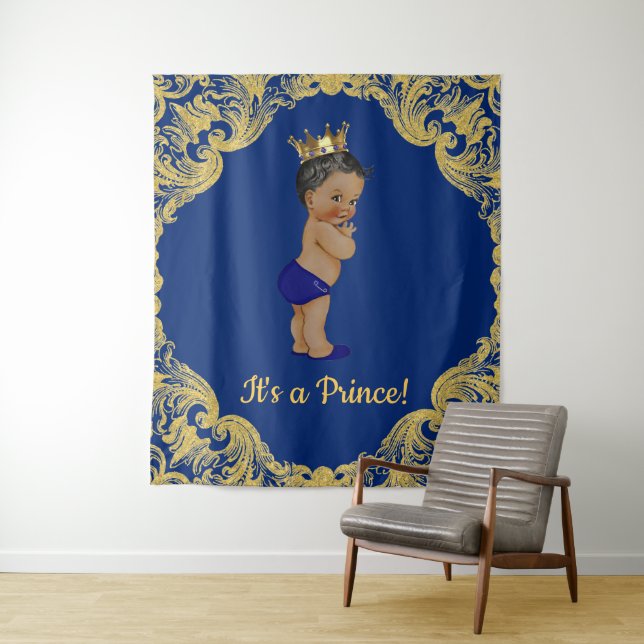 African American Prince Baby Shower Backdrop Tapestry (In Situ)