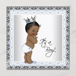 African American Prince Baby Shower Blue and Grey Invitation