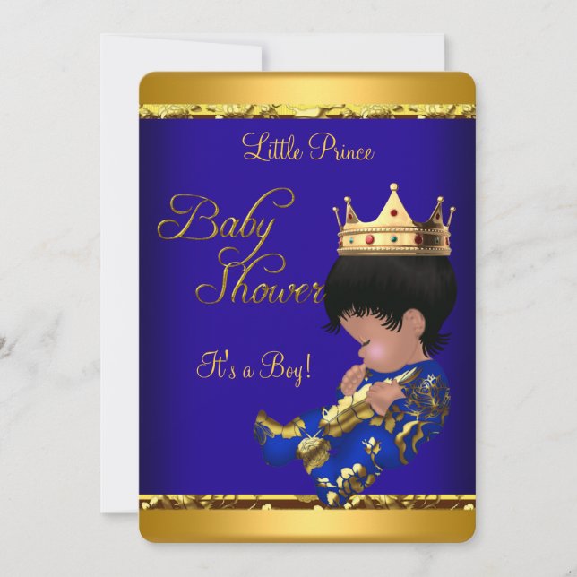 African American Prince Baby Shower Blue Gold Boy Invitation (Front)