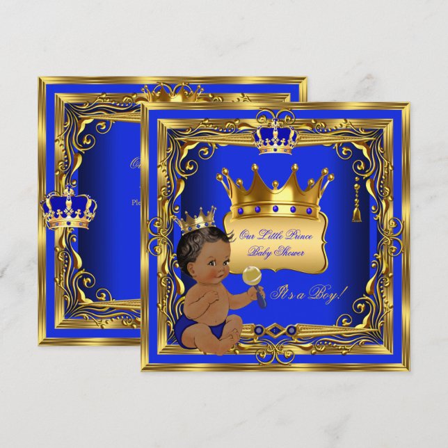 African American Prince Baby Shower Boy Blue Gold Invitation (Front/Back)