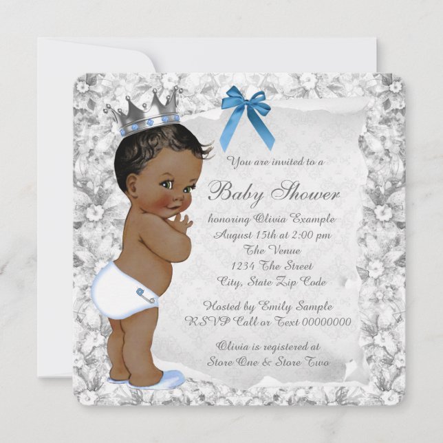 African American Prince Blue and Grey Baby Shower Invitation (Front)