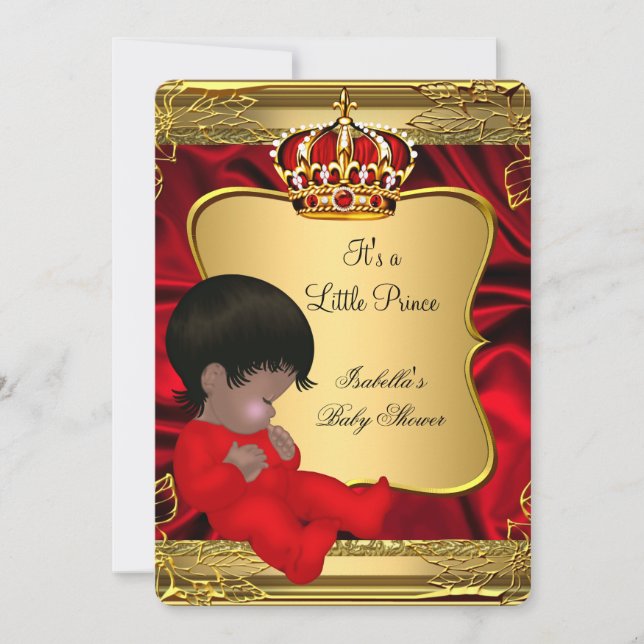 African American Prince Boy Baby Shower Red Gold Invitation (Front)
