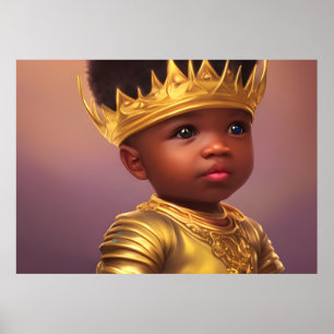 African American Prince cute baby boy gold crown Poster