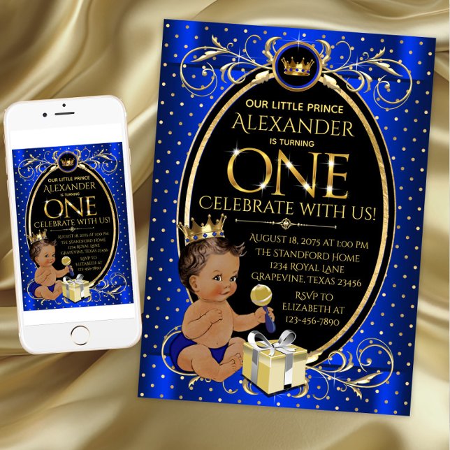 African American Prince First Birthday Party Invitation (Prince first birthday party invitation. Available for instant download and printed invitations.)