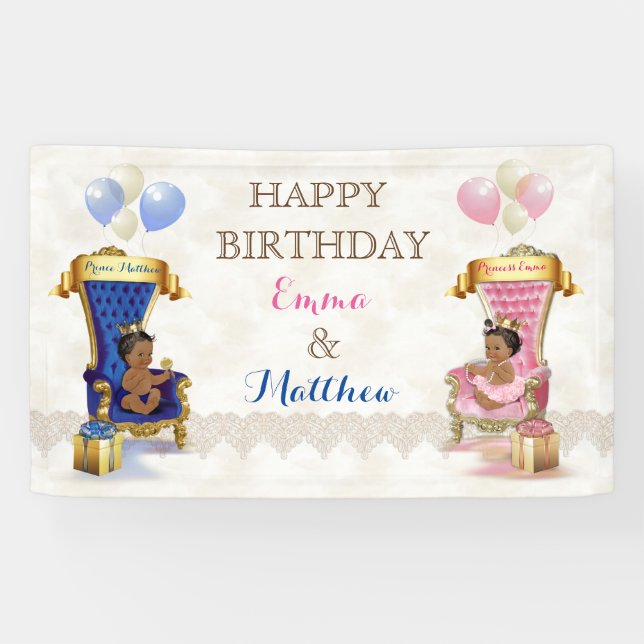 African American Prince & Princess Twins Boy Girl Banner (Horizontal)