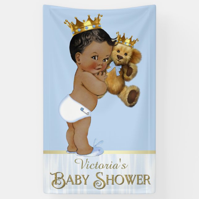 African American Prince Teddy Bear Baby Shower Banner (Vertical)