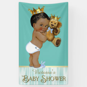 African American Prince Teddy Bear Boy Baby Shower Banner