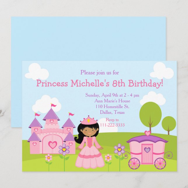 African American Princess and Castle Birthday  Invitation (Front/Back)