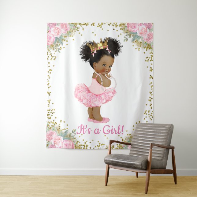 African American Princess Baby Shower Backdrop Tapestry (In Situ)