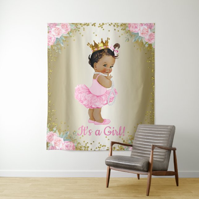 African American Princess Baby Shower Backdrop Tapestry (In Situ)