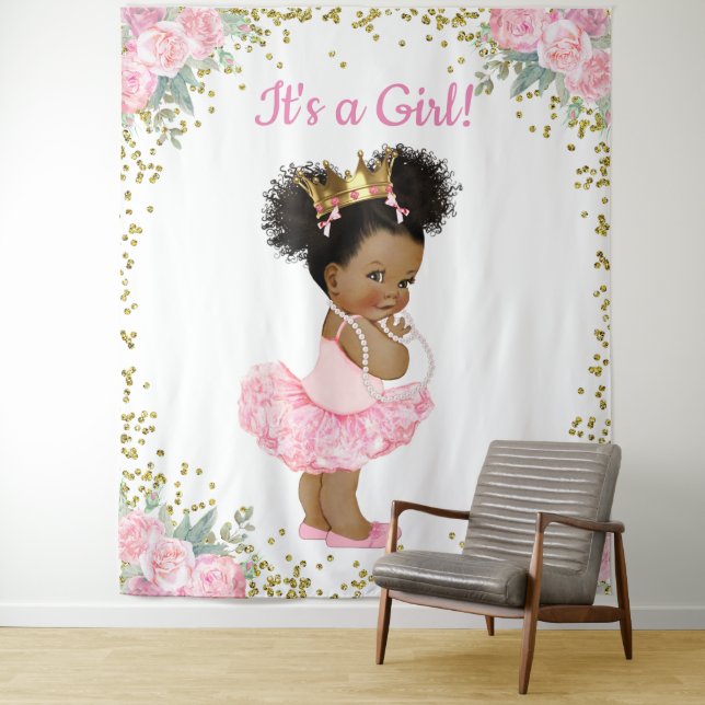 African American Princess Baby Shower Backdrop Tapestry (In Situ)