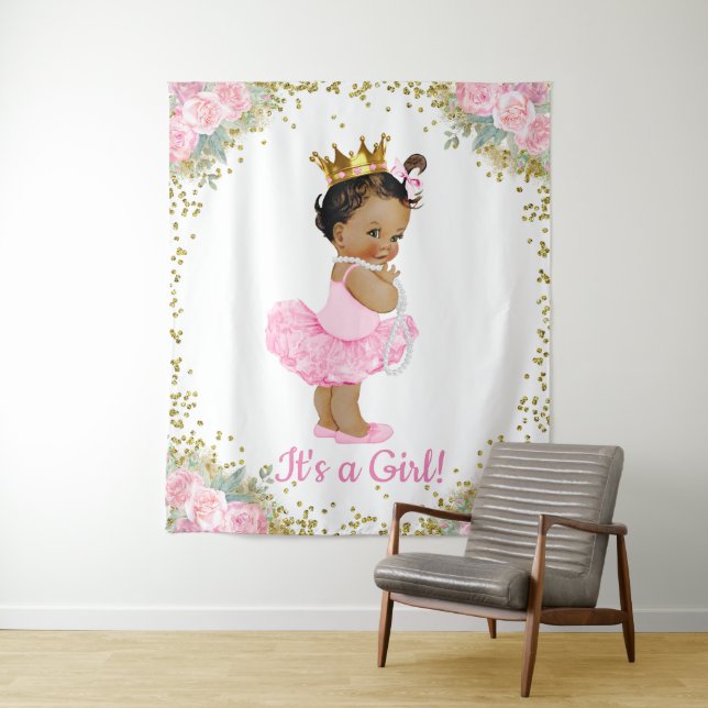African American Princess Baby Shower Backdrop Tapestry (In Situ)