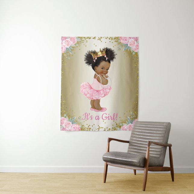 African American Princess Baby Shower Backdrops Tapestry (In Situ)