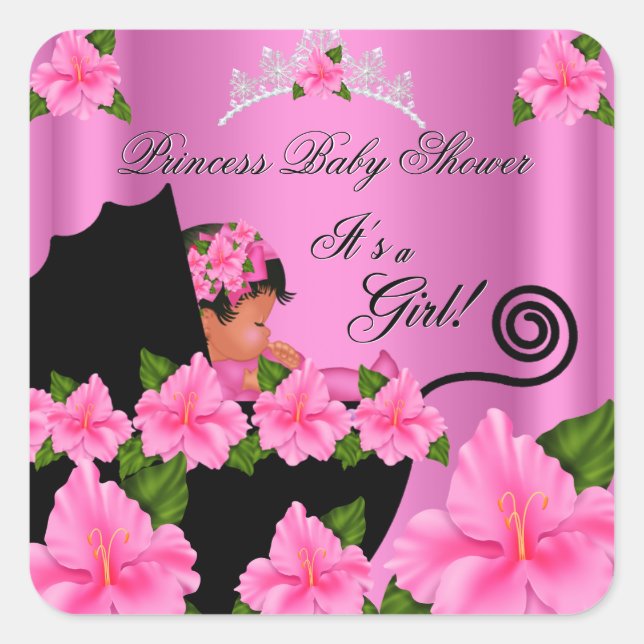 African American Princess Baby Shower Girl Flowers Square Sticker (Front)
