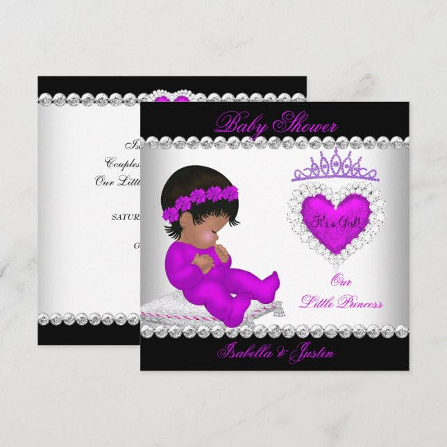 African American Princess Baby Shower Girl Purple Invitation (Front/Back)