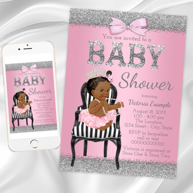 African American Princess Baby Shower Invitation (Pink black princess baby shower invitation. Instant download and printed invitations available.)
