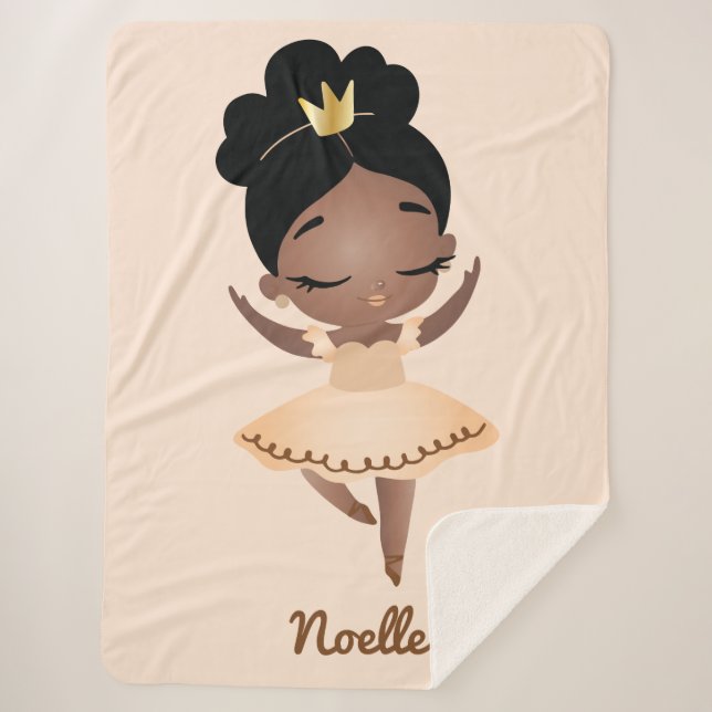 African American Princess Ballerina w/Crown Beige  Sherpa Blanket (Front)