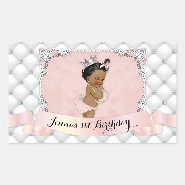 African American Princess Blush Diamonds Pearls Rectangular Sticker (Front)