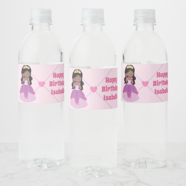 African American Princess Cute Pink Birthday Party Water Bottle Label (Bottles)