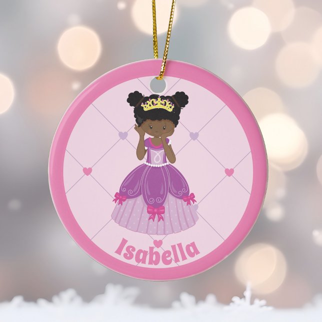 African American Princess Cute Pink Christmas Ceramic Tree Decoration (Creator Uploaded)