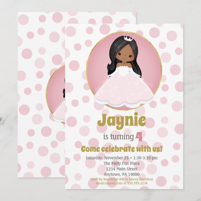 African American Princess Girl Birthday Invitation (Front/Back)