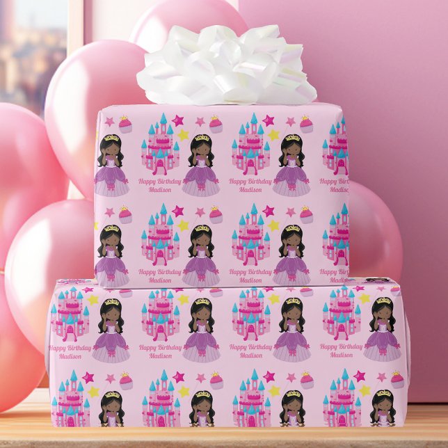 African American Princess Girl Cute Pink Birthday Wrapping Paper (Creator Uploaded)