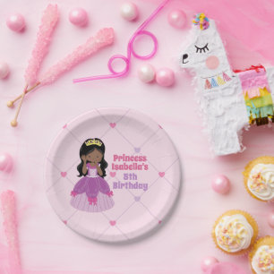 African American Princess Girl Pink Birthday Party Paper Plate