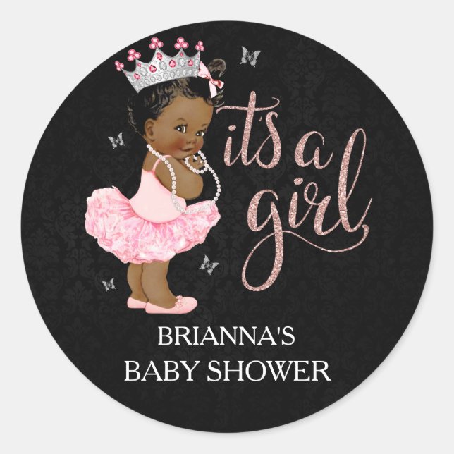 African American Princess It's a Girl Baby Shower Classic Round Sticker (Front)