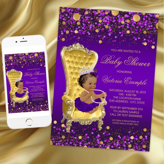 African American Princess Purple Gold Baby Shower Invitation (Purple Gold Princess Baby Shower Invitation. Instant download and printed invitations available.)