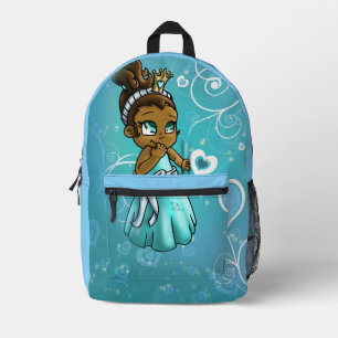 African American Princess Turquoise Hearts Printed Backpack