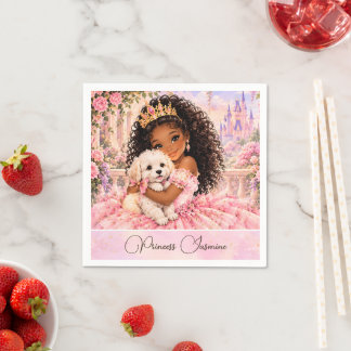 African American Princess with Puppy 1st birthday Napkin