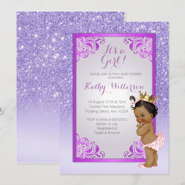 African American Purple Gold Baby Shower Card (Front/Back)