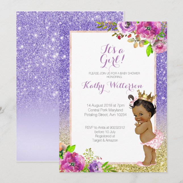 African American Purple Gold Baby Shower Invite (Front/Back)