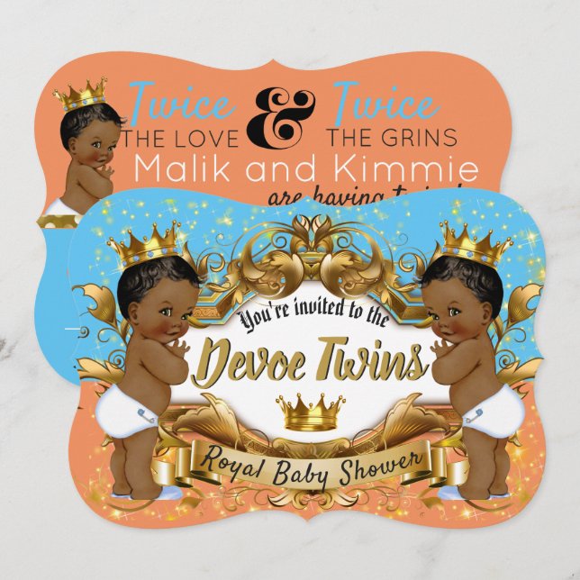 African American Royal Twins Orange|Blue|Gold Invitation (Front/Back)